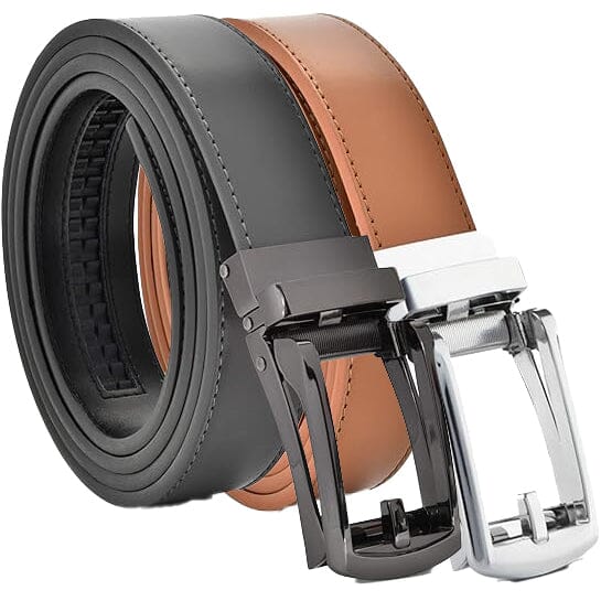 2-Pack: Carlo Fellini Mens Genuine Leather Ratchet Dress Belt with Slide Buckle Men's Shoes & Accessories Gray Black/Tan Silver - DailySale