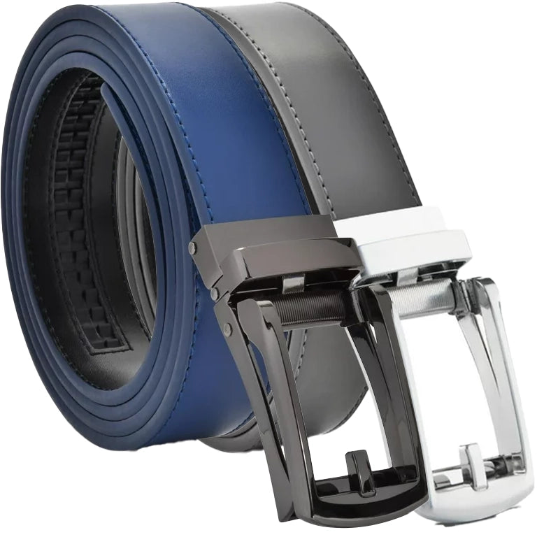 2-Pack: Carlo Fellini Mens Genuine Leather Ratchet Dress Belt with Slide Buckle Men's Shoes & Accessories Navy Black/Gray Silver - DailySale