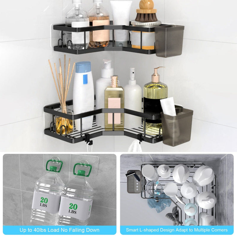 Corner Shower Caddy: 2 Pack Adhesive Shelf Decor - No Drilling Stainless  Steel Storage Rack with Hooks and Toothpaste Holder - Bath Accessories