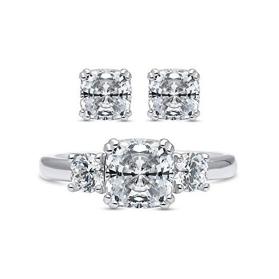 2-Pack: Cushion Cut Studs and Cushion Cut Ring with Side Stones Rings 6 - DailySale