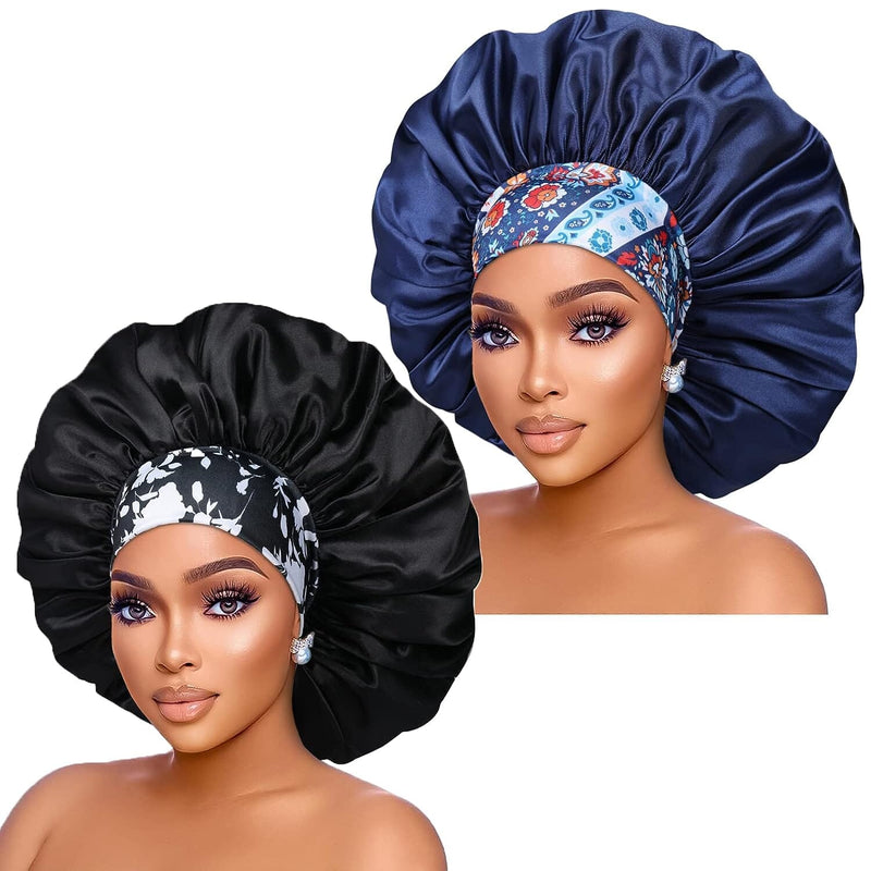 2-Pack: Extra Large Satin Bonnets for Sleeping Women's Shoes & Accessories Black/Navy - DailySale