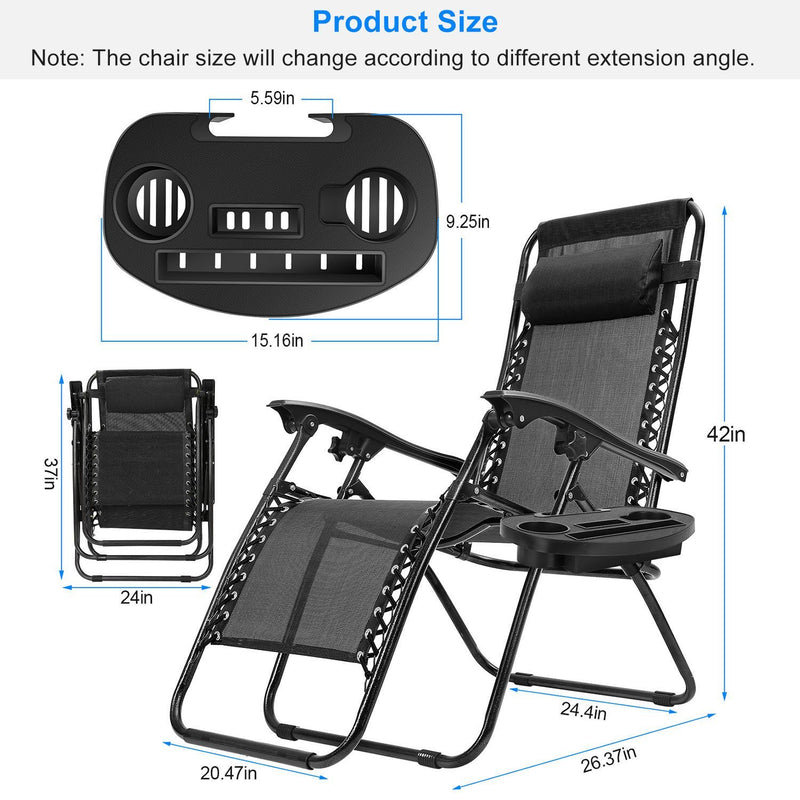 2-Pack: Foldable Zero Gravity Lounge Chair with Dual Side Tray