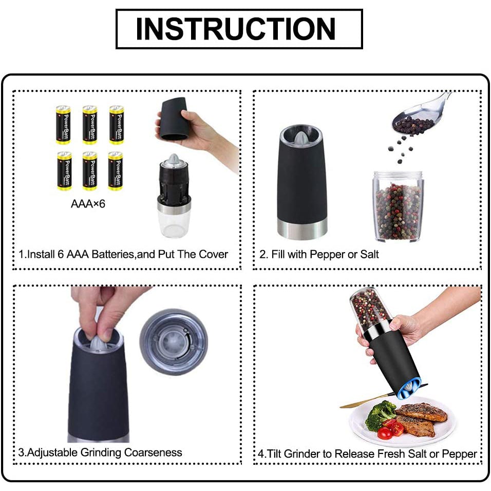 Kitchen Electric Salt and Pepper Grinder Set , Automatic Pepper Mill AAA  Battery