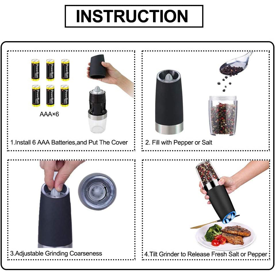 2-Pack: Gravity Electric Salt Pepper Grinder Kitchen Tools & Gadgets - DailySale