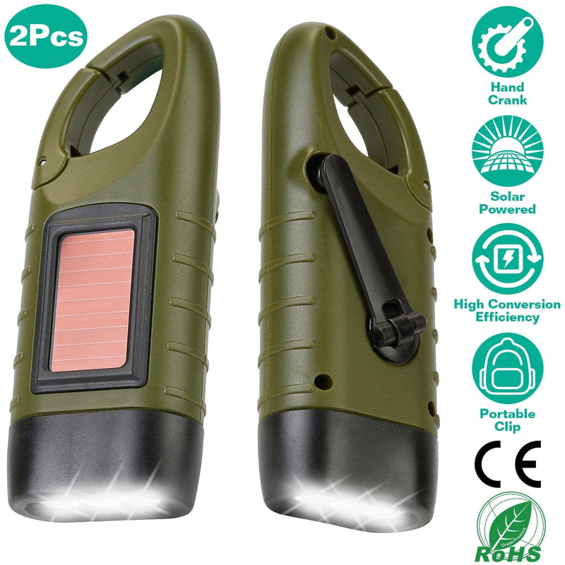 Solar Powered Hand Crank Flashlight LED with Clip Emergency Light (Army  Green)