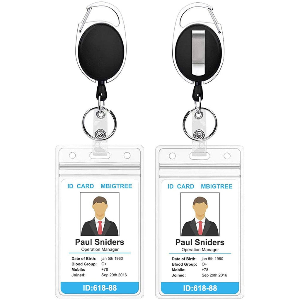 2-Pack: Heavy Duty Retractable Badge Holders with Carabiner Reel Clip and Vertical Style Clear ID Card Holders