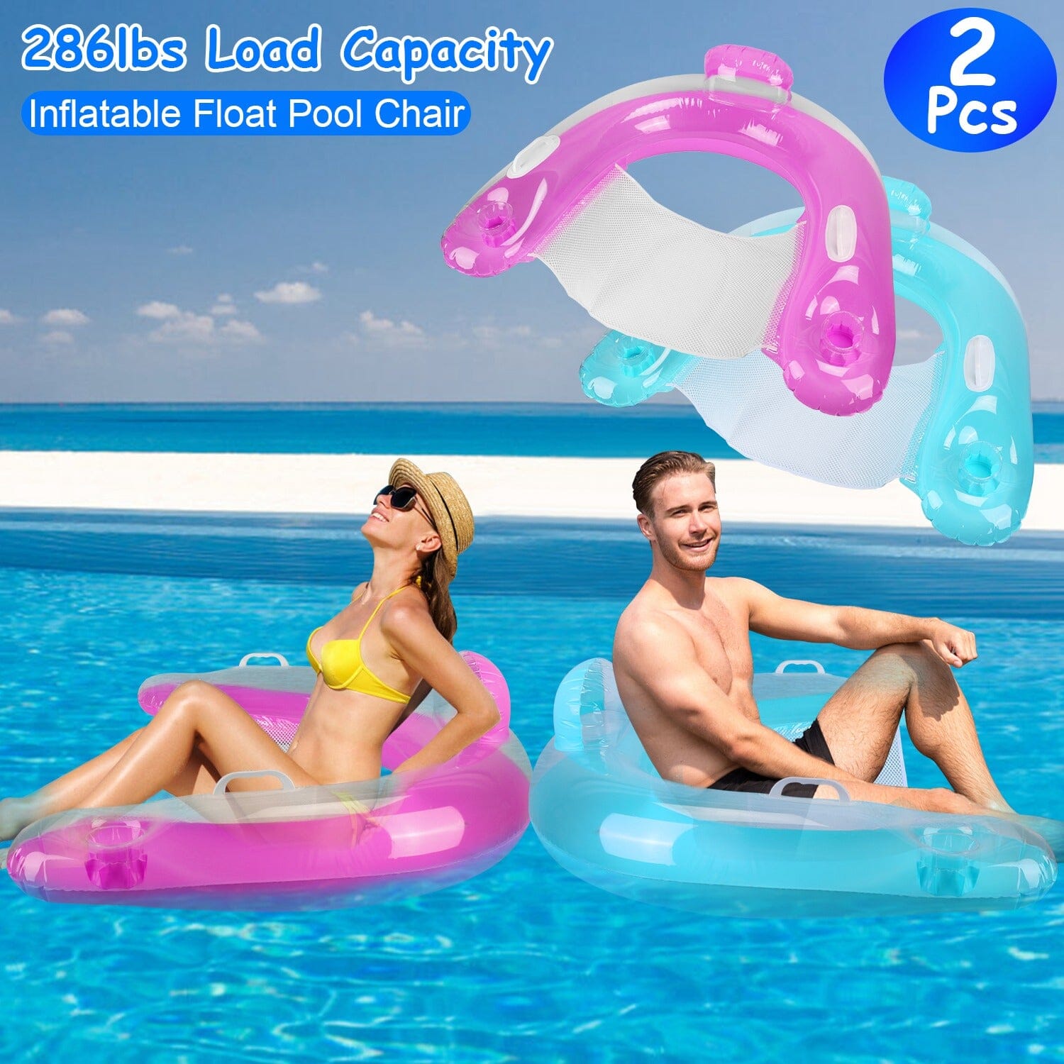 2-Pack: Inflatable Float Pool Chair with Cup Holder Arm Rest Sports & Outdoors - DailySale