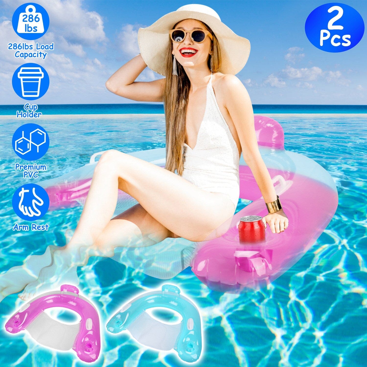 2-Pack: Inflatable Float Pool Chair with Cup Holder Arm Rest Sports & Outdoors - DailySale