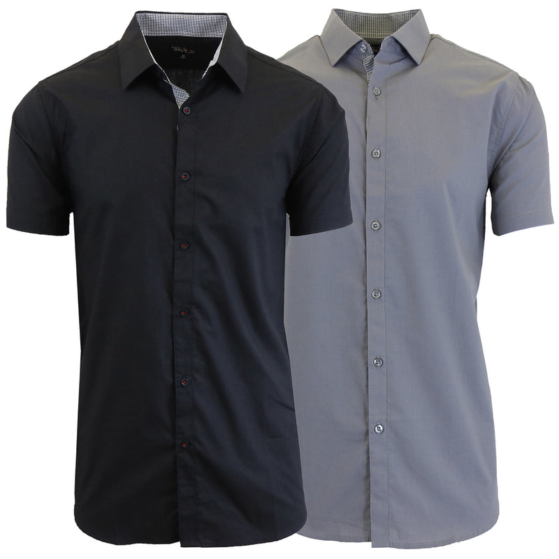 2-Pack: Men's Slim Fit Short Sleeve Dress Shirts Men's Clothing Black/Gray S - DailySale