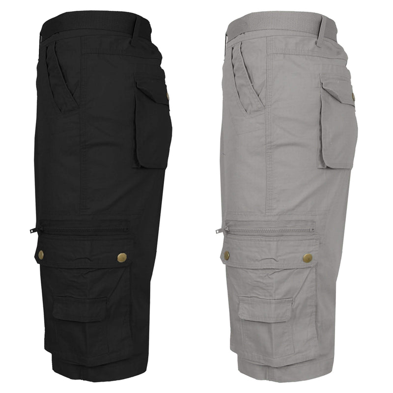 2-Pack: Men's Tactical Extended Size Cotton Cargo Utility Belted Shorts Men's Clothing Black/Light Gray 44 - DailySale
