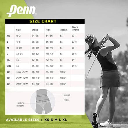 Size chart of Penn Women's Active Athletic Performance Skorts, available at Dailysale