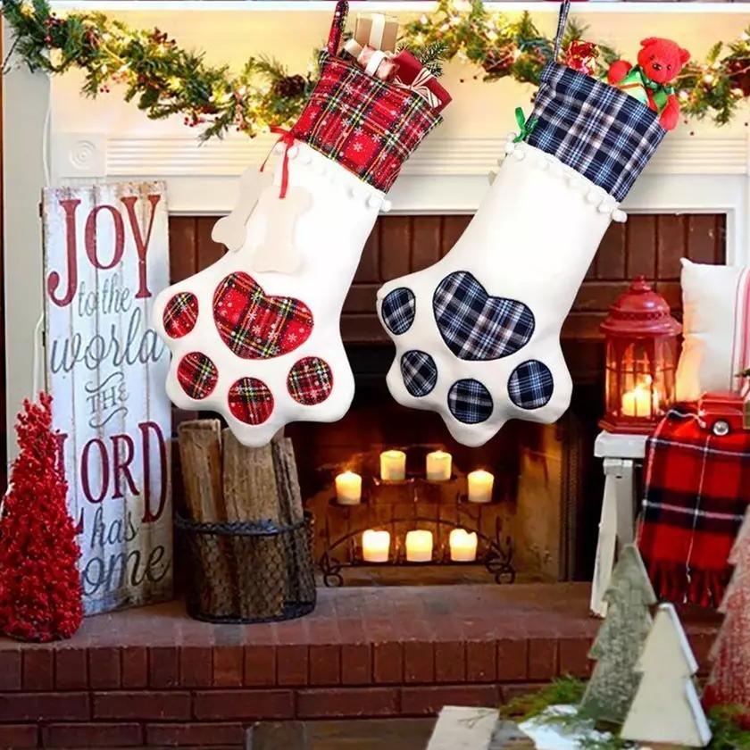 2-Pack: Plaid Christmas Pet Dog Cat Paw Hanging Stocking Socks Pet Supplies - DailySale