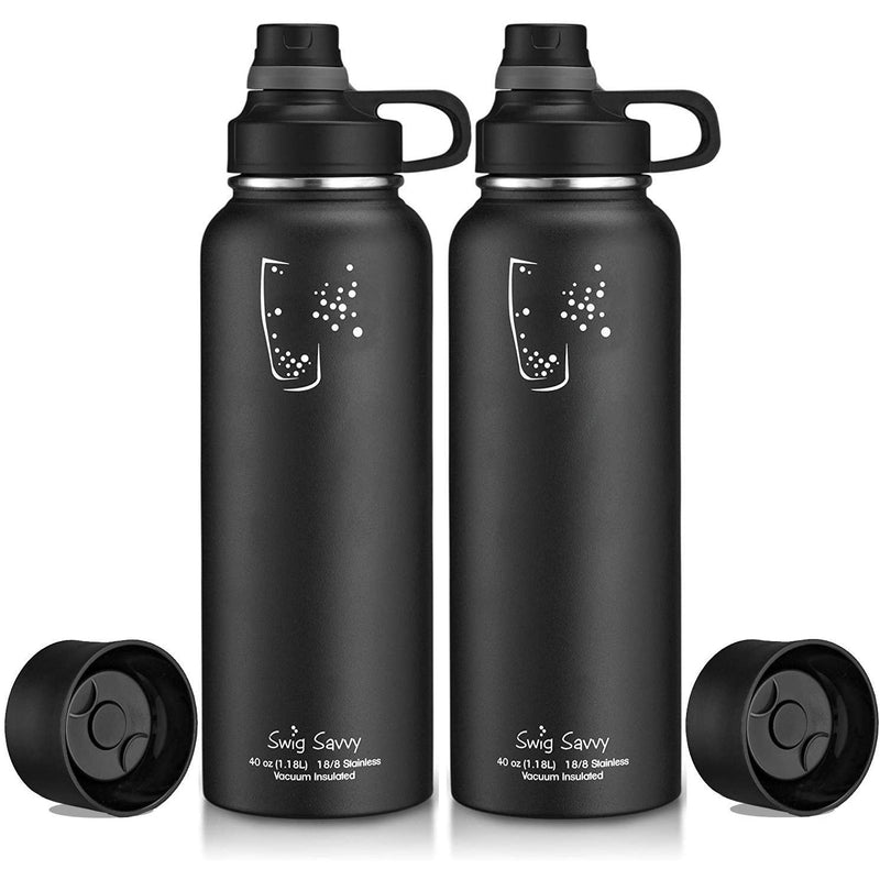 2-Pack: Stainless Steel Wide Mouth Insulated Water Bottle with Interchangeable Caps Bags & Travel Black/Black - DailySale