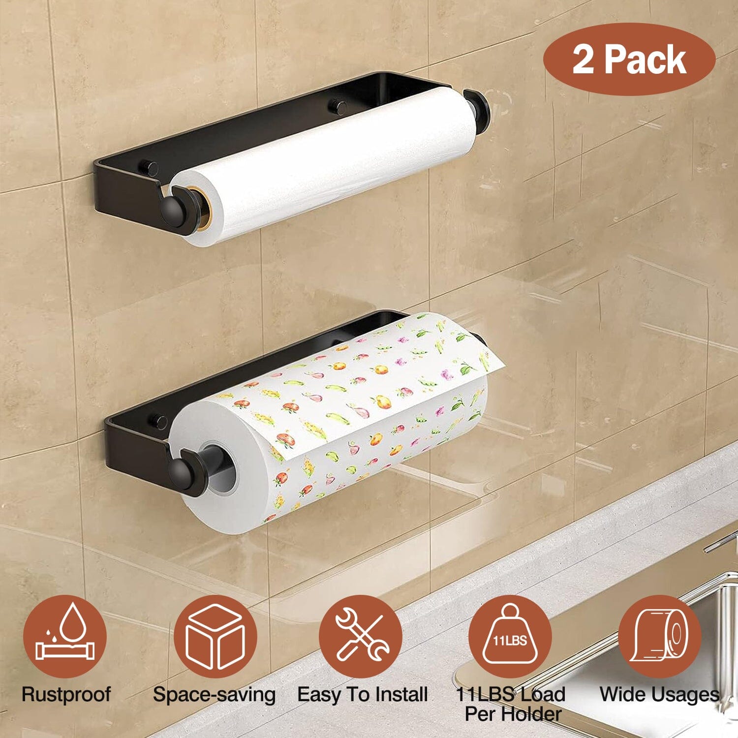 2-Pack: Wall Mounted Paper Towel Holder Under Cabinet Kitchen Storage - DailySale