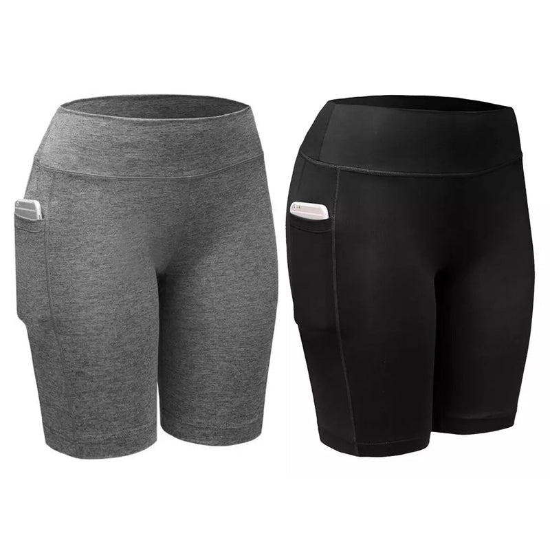 2-Pack: Women High Waist Workout Yoga Side Pocket Compression Cycling Shorts Women's Bottoms Black/Gray S - DailySale