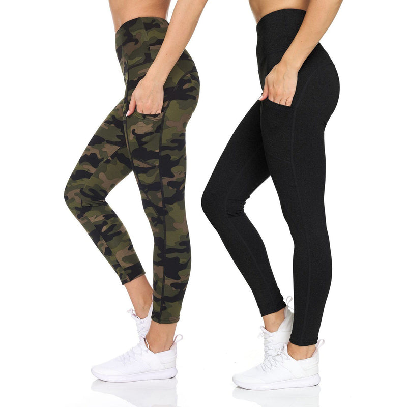 2-Pack: Women's High Waist Active Full Length Leggings with Camo and Solid Print