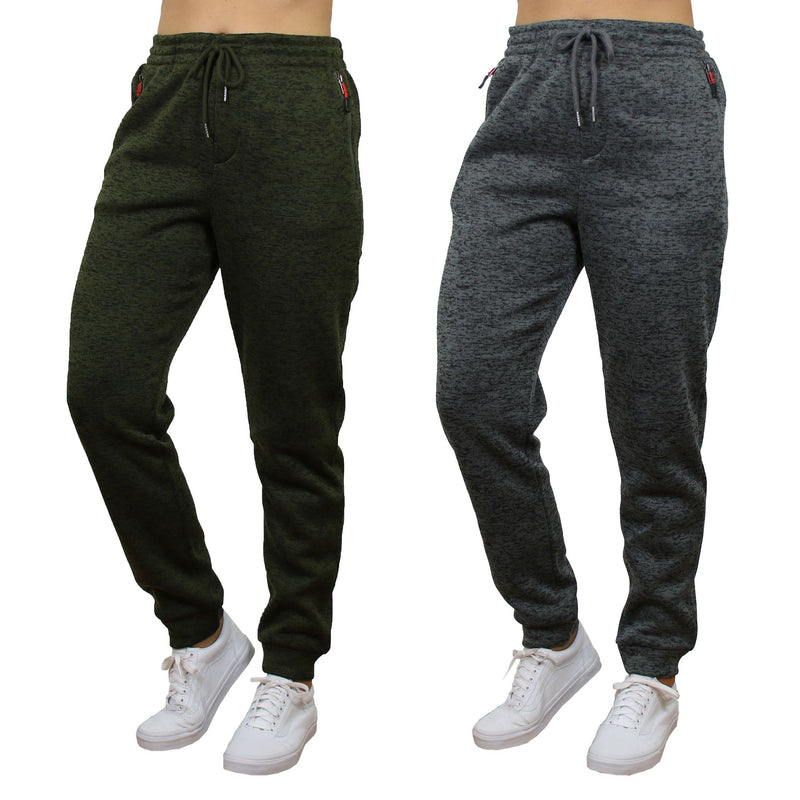 2-Pack Women's Loose-Fit Marled Fleece Jogger Sweatpants With Zipper Pockets Women's Clothing Green/Charcoal S - DailySale