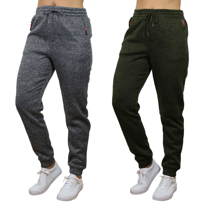 2-Pack Women's Loose-Fit Marled Fleece Jogger Sweatpants With Zipper Pockets Women's Clothing Heather Gray/Green S - DailySale