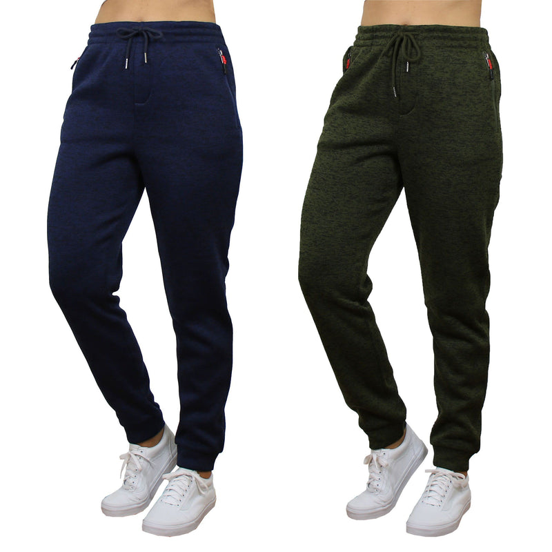 2-Pack Women's Loose-Fit Marled Fleece Jogger Sweatpants With Zipper Pockets Women's Clothing Navy/Green S - DailySale