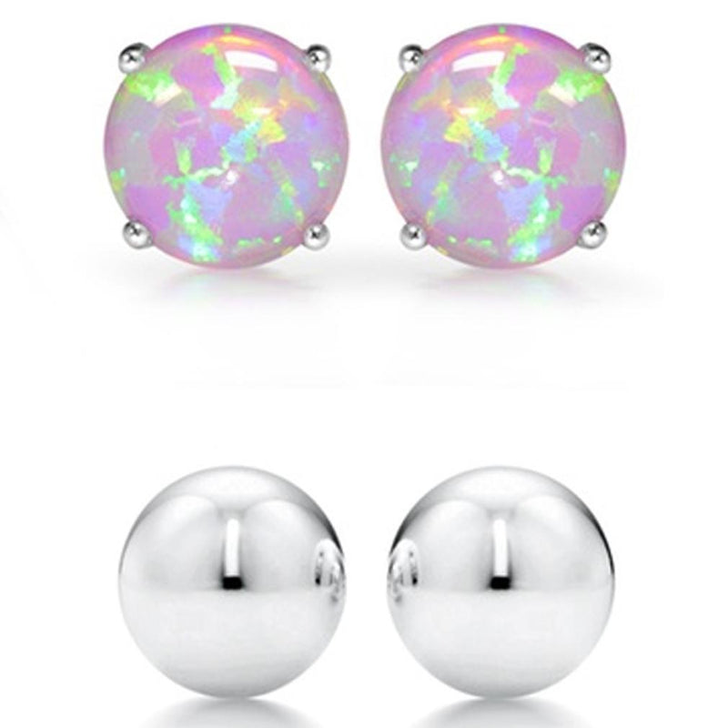 2-Pairs: Pink Opal Stud and Sterling Silver Ball Stud Set Jewelry - DailySale