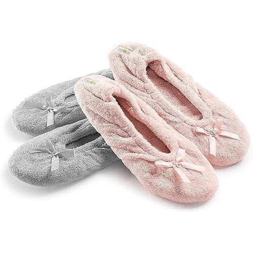2-Pairs: Roxoni Women's Terry Classic Cotton & Velour Ballerina Slippers Women's Shoes & Accessories Gray/Blush 6-7 - DailySale