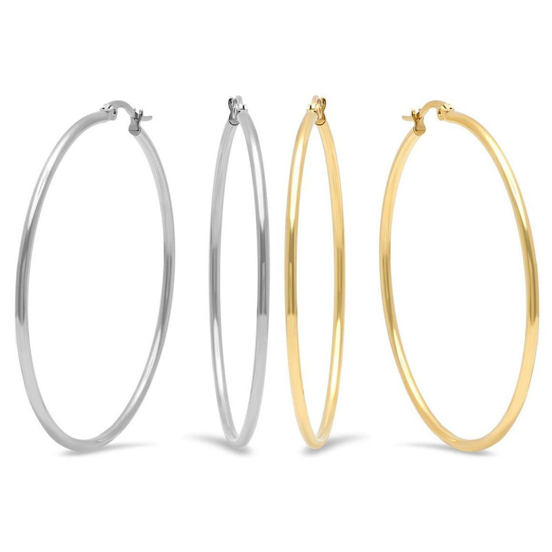 2-Pairs: Stainless Steel 50mm Hoop Earring Set Jewelry Silver/Gold - DailySale