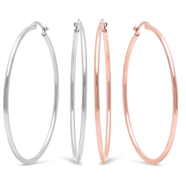 2-Pairs: Stainless Steel 50mm Hoop Earring Set Jewelry Silver/Rose Gold - DailySale