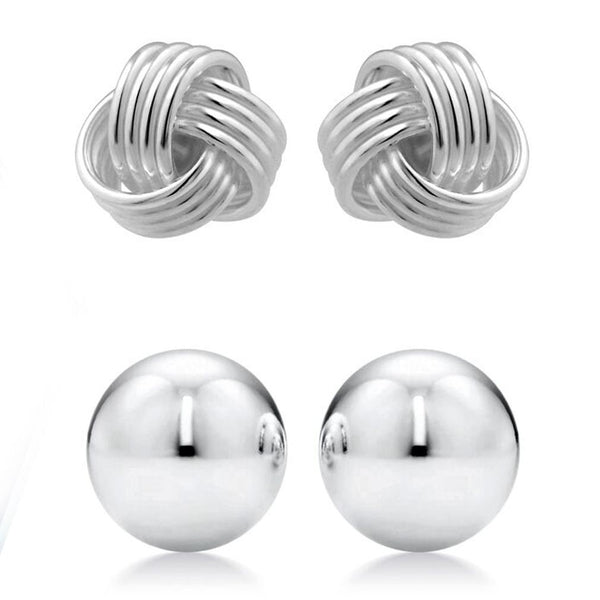 2-Pairs: Sterling Silver Love Knot and Ball Stud Earring Set Jewelry - DailySale
