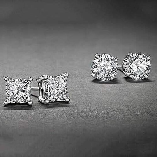 2-Pairs: White Gold High Polish Finish Stud Earrings Cubic Zirconia Round and Princess Cut Earrings - DailySale