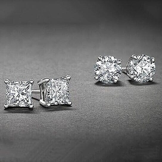 2-Pairs: White Gold High Polish Finish Stud Earrings Cubic Zirconia Round and Princess Cut Earrings - DailySale
