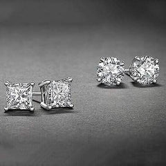 2-Pairs: White Gold High Polish Finish Stud Earrings Cubic Zirconia Round and Princess Cut