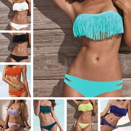 Eight women modeling a 2-Piece Fashion Fringe Bikini Swimwear in 8 different colors