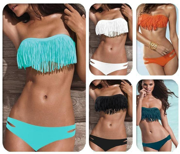 Five women modeling a 2-Piece Fashion Fringe Bikini Swimwear in 5 different colors, available at Dailysale