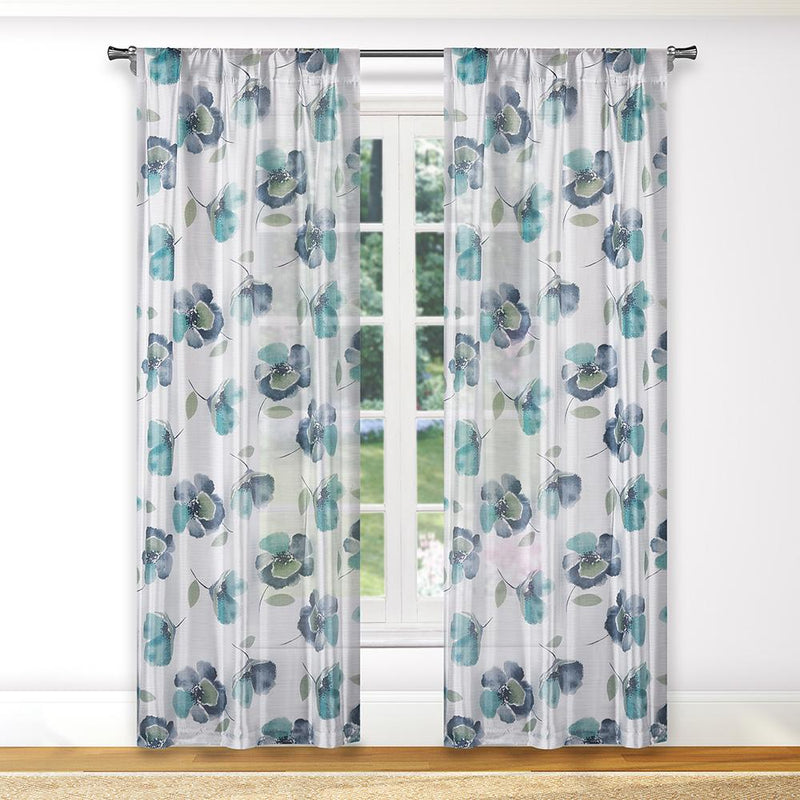 2-Piece: Floral Semi-Sheer Window Curtain Panel Set Furniture & Decor Aqua - DailySale