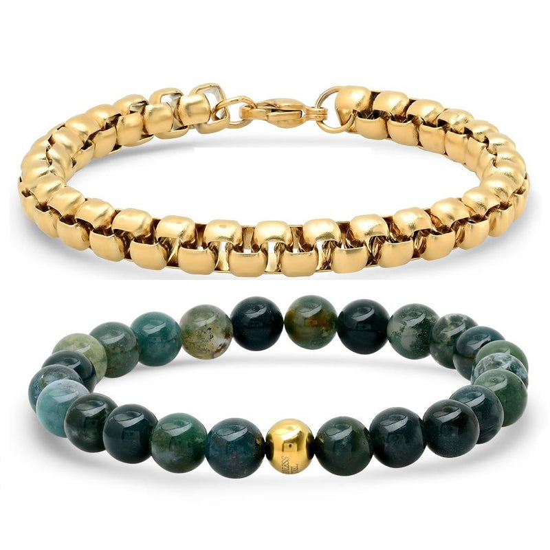 2-Piece: Green Agate Beaded and 18k Gold Plated Box Link Bracelet Set Bracelets - DailySale