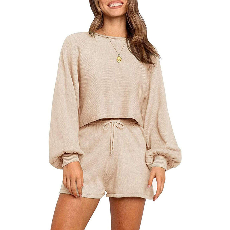 2-Piece: Knit Outfits Puff Sleeve Crop Top Shorts Set Sweater Sweatsuit
