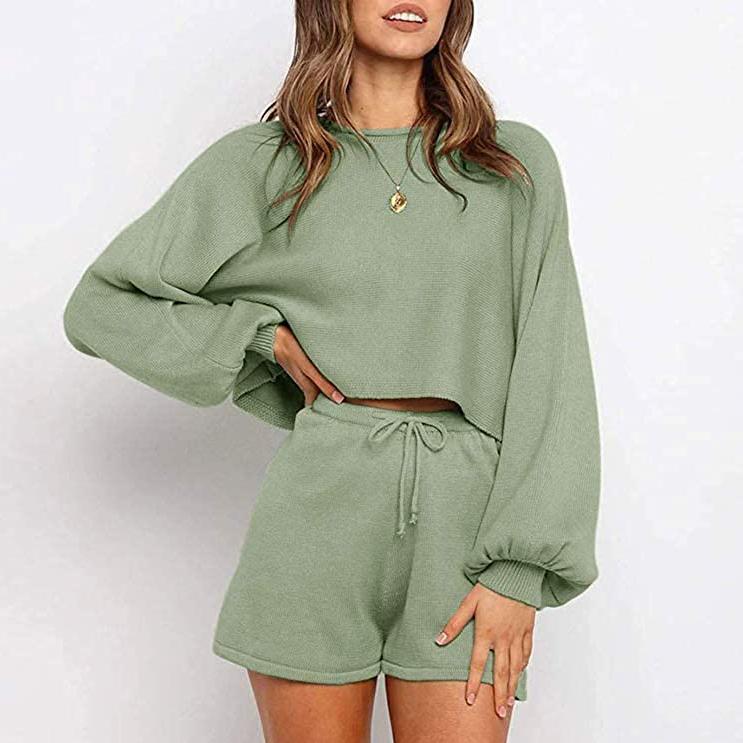 2-Piece: Knit Outfits Puff Sleeve Crop Top Shorts Set Sweater Sweatsuit
