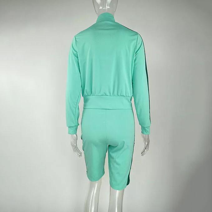 2-Piece: Lapel Neck Zipper Color Matching Long Sleeve Fleece Sport Casual Shorts