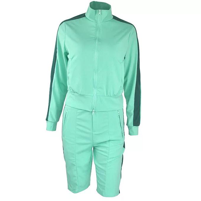 2-Piece: Lapel Neck Zipper Color Matching Long Sleeve Fleece Sport Casual Shorts