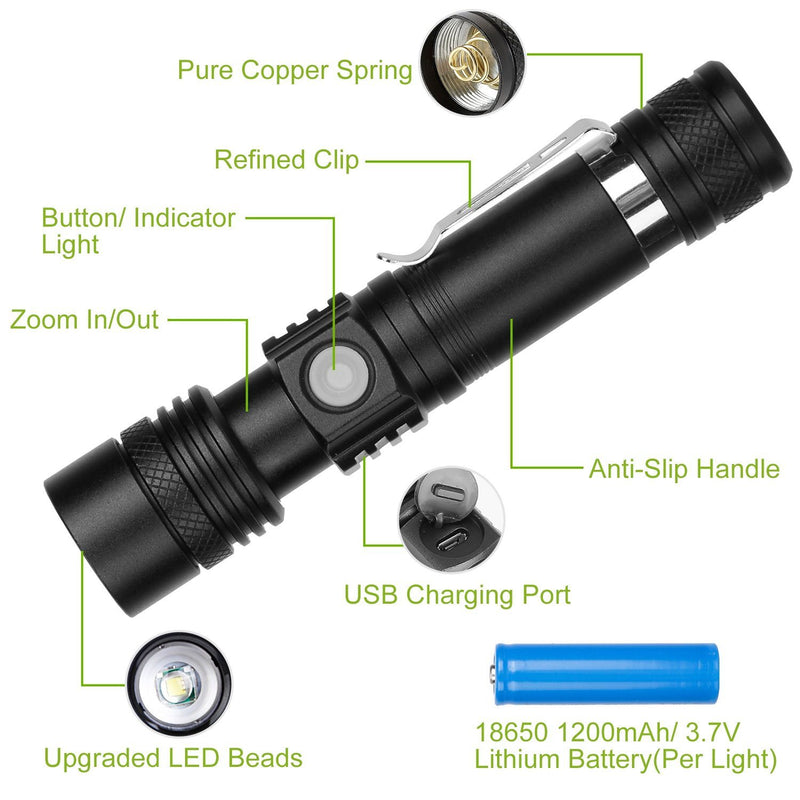 2-Piece: LED Handheld Flashlight Zoomable USB Rechargable Sports & Outdoors - DailySale