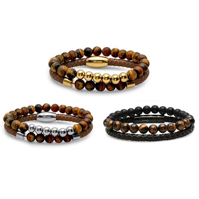 2-Piece: Men's Leather Braided Bracelet Beaded with Tiger Eye Bracelets - DailySale