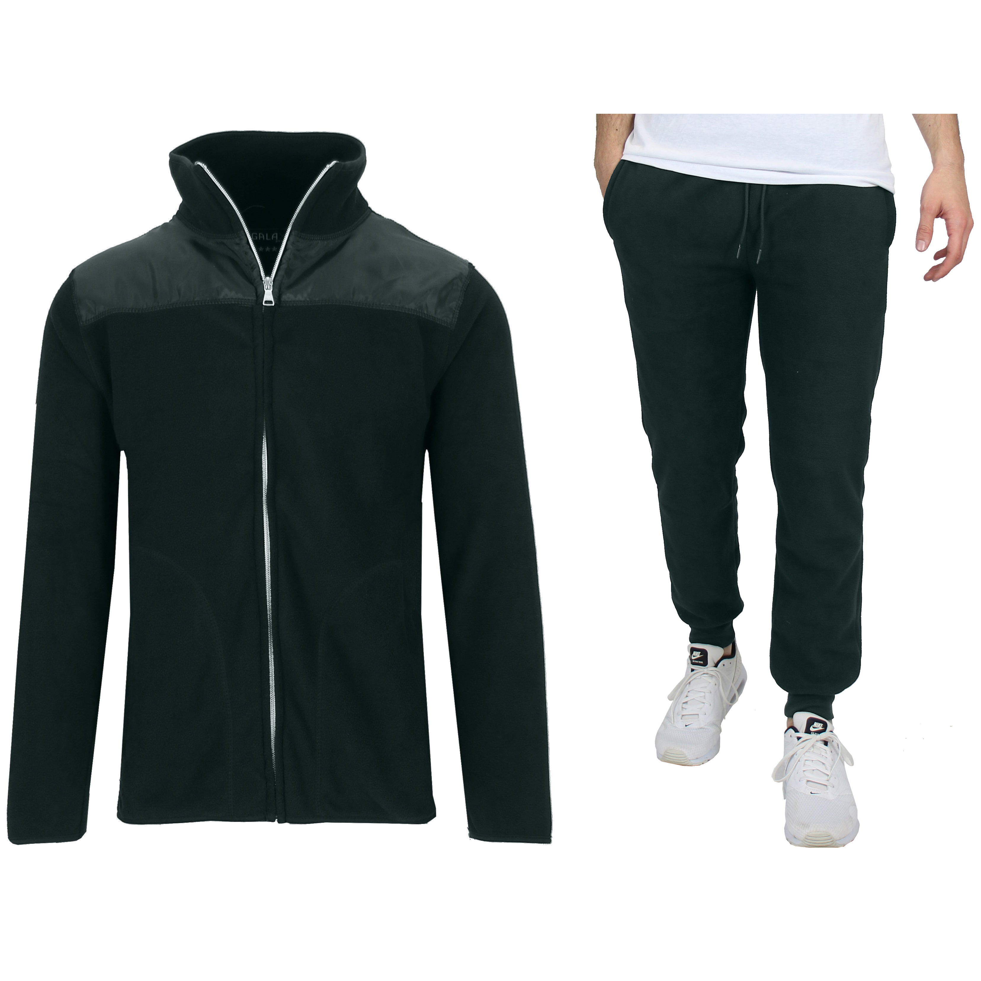 2-Piece Men's Polar Fleece Sweater Jacket & Jogger Sweatpants Set shown in charcoal, with man modelling sweatpants