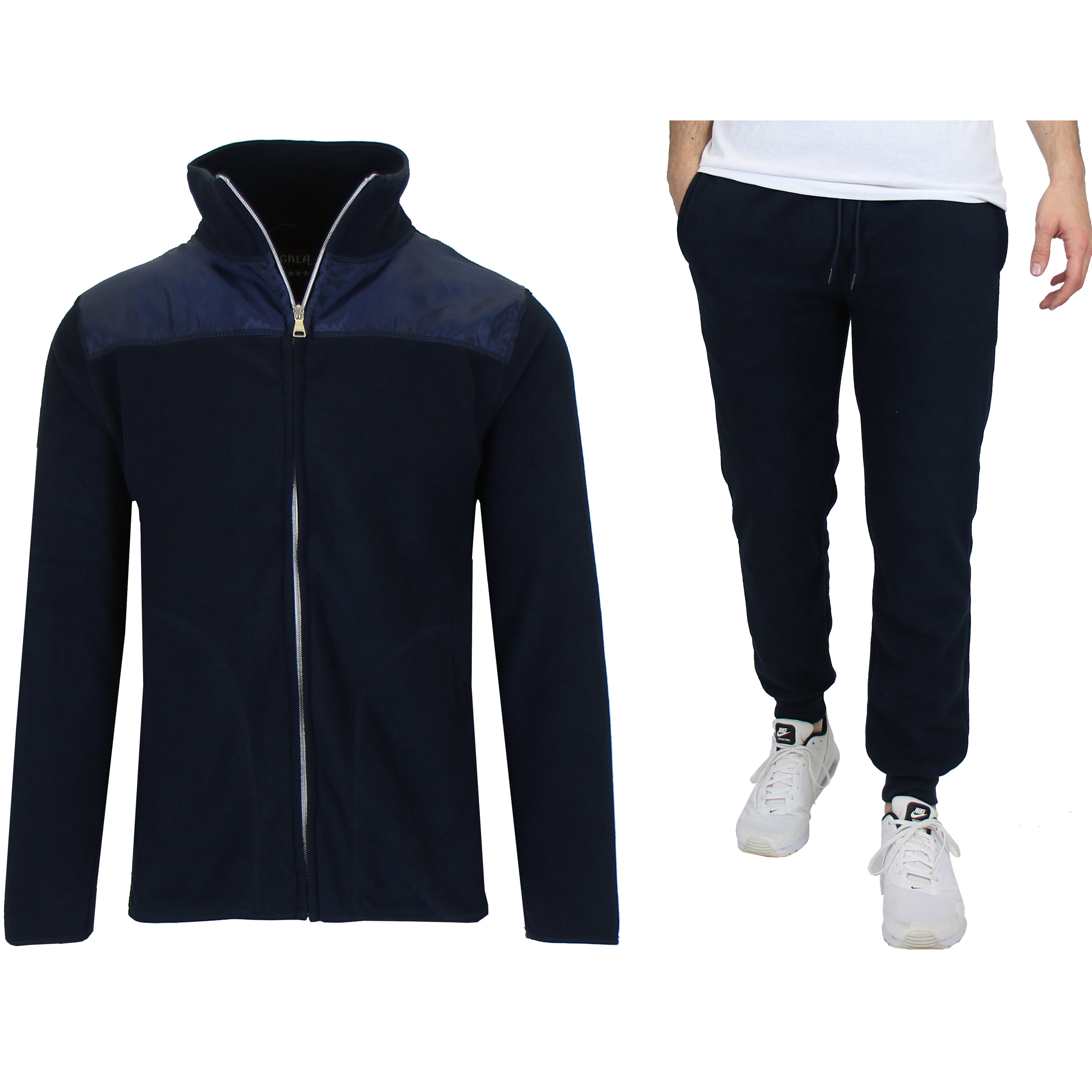 2-Piece Men's Polar Fleece Sweater Jacket & Jogger Sweatpants Set shown in navy, with man modelling sweatpants