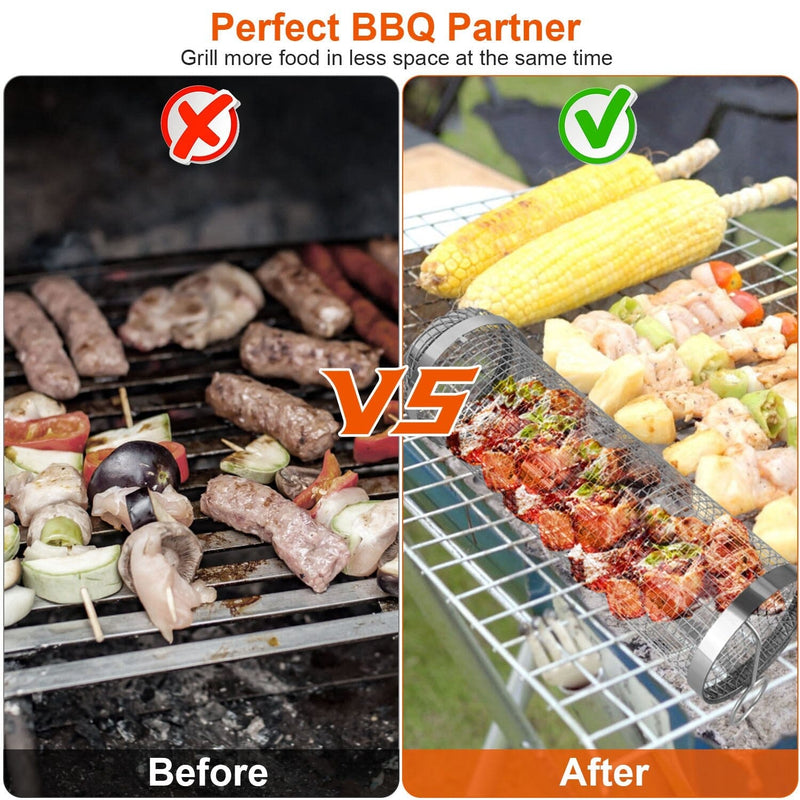 2-Piece: Portable BBQ Rolling Basket Round Stainless Steel Grill Kitchen Tools & Gadgets - DailySale