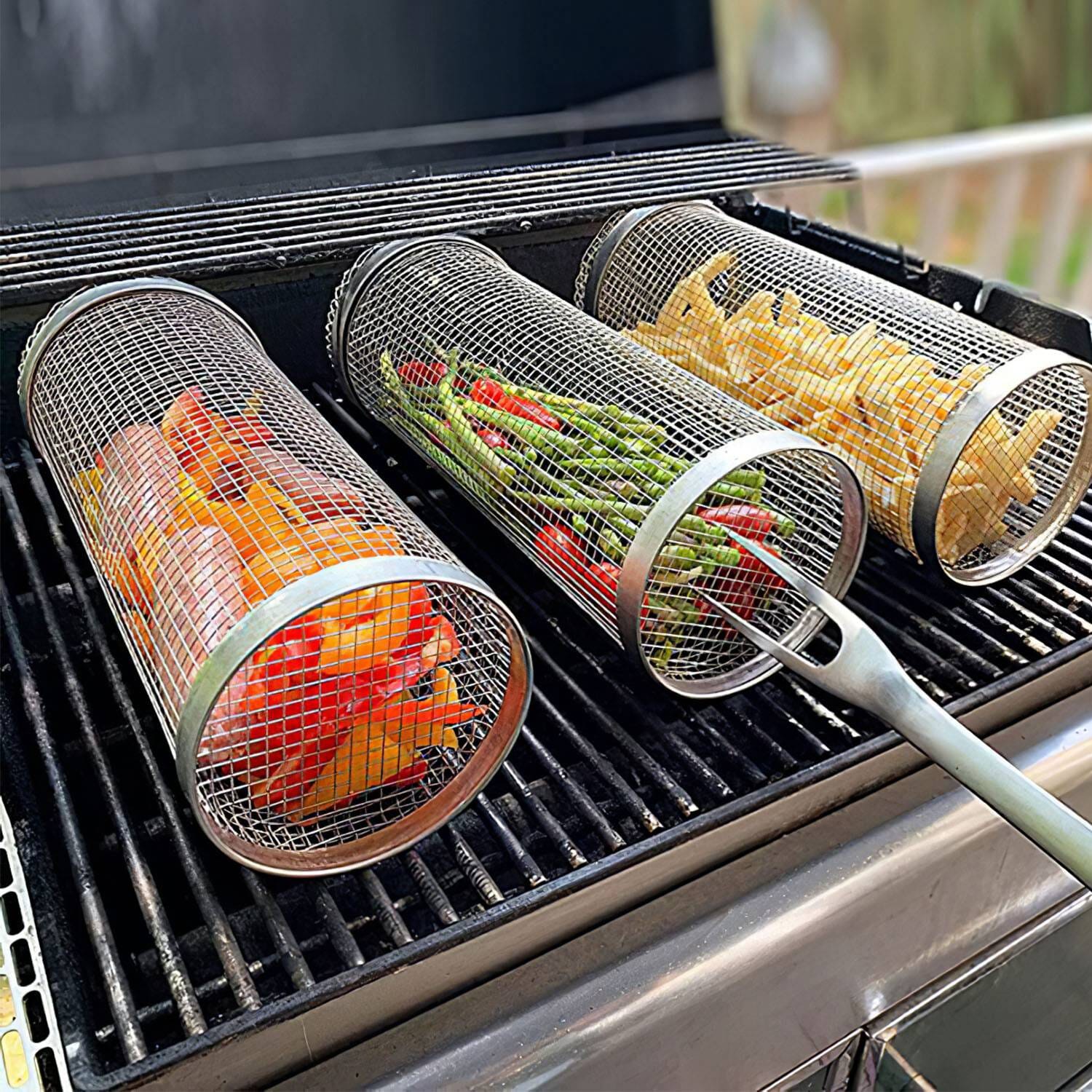 2-Piece: Portable BBQ Rolling Basket Round Stainless Steel Grill Kitchen Tools & Gadgets - DailySale