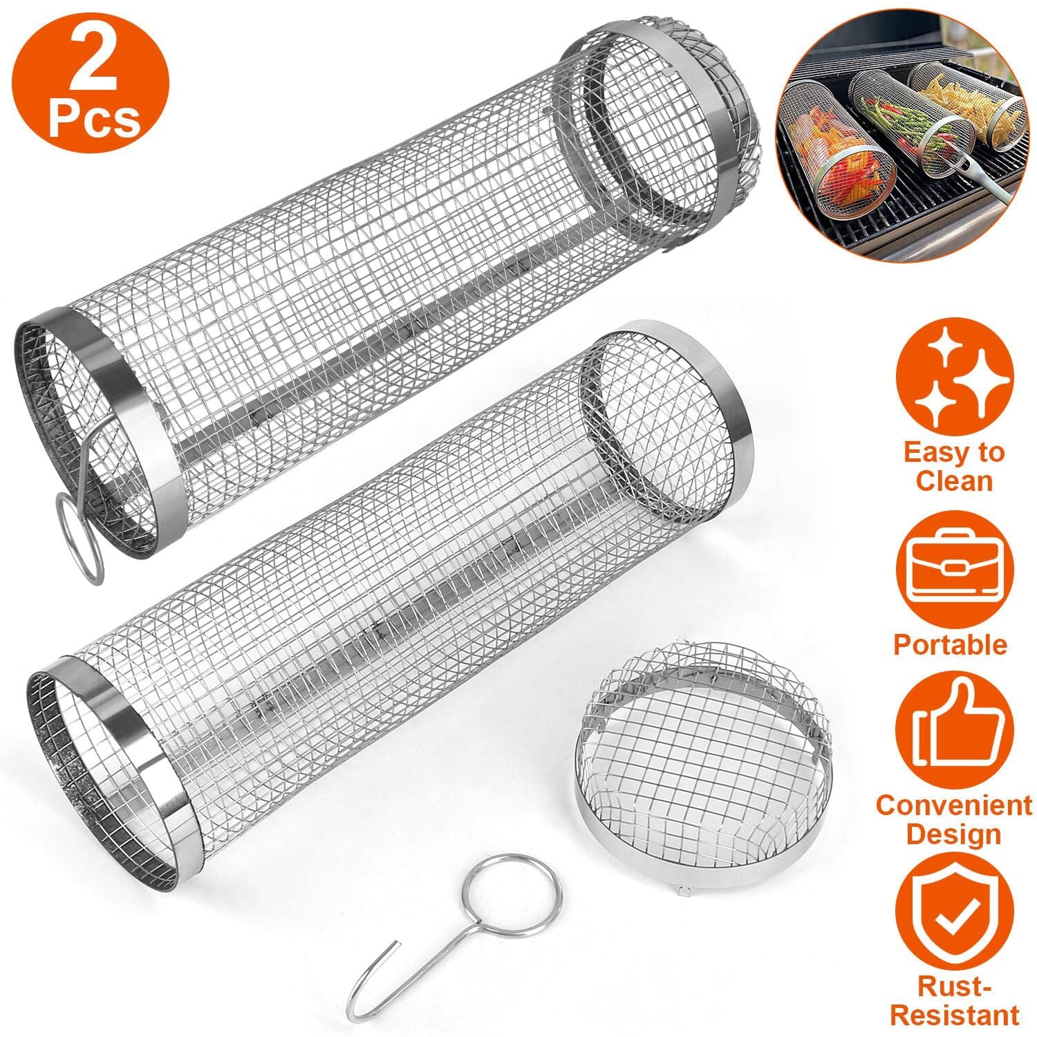 2-Piece: Portable BBQ Rolling Basket Round Stainless Steel Grill Kitchen Tools & Gadgets - DailySale