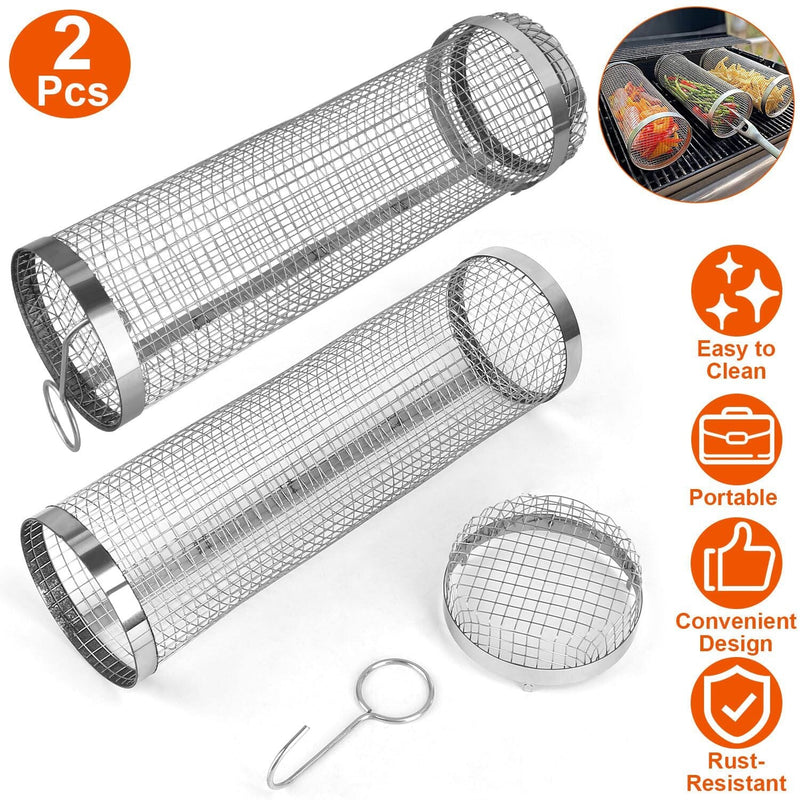 2-Piece: Portable BBQ Rolling Basket Round Stainless Steel Grill Kitchen Tools & Gadgets - DailySale