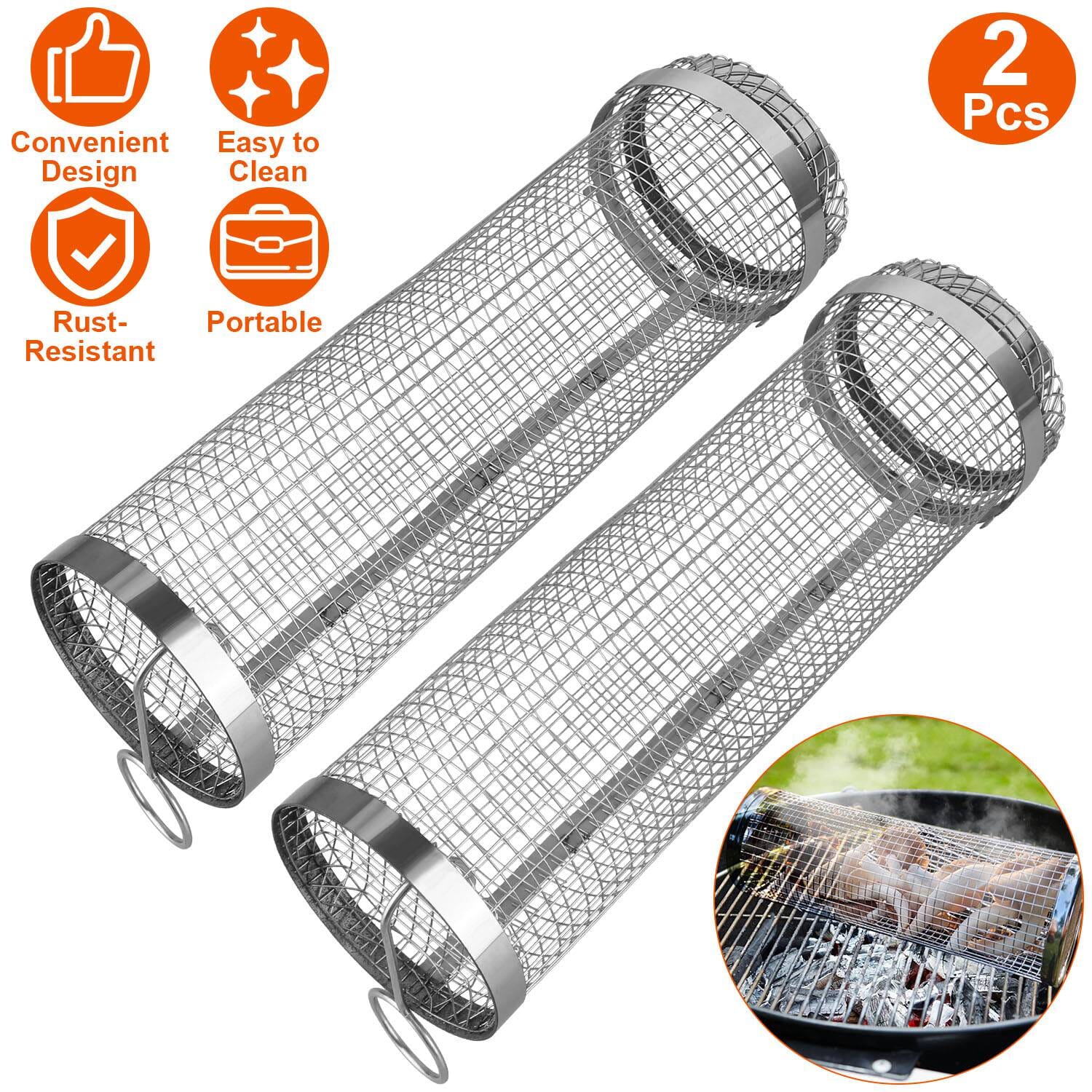 2-Piece: Portable BBQ Rolling Basket Round Stainless Steel Grill Kitchen Tools & Gadgets - DailySale