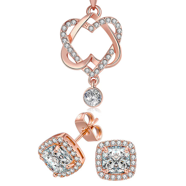 2-Piece Set: 14K Rose Gold Plating White Austrian Pav'e Interlocking Heart Necklace & Earrings Stud Set Necklaces - DailySale
