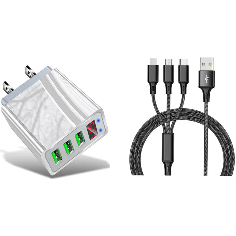2-Piece Set: 3-Port LED Display High Speed Wall Charger White + 3-in-1 Cable Combo Mobile Accessories Black - DailySale